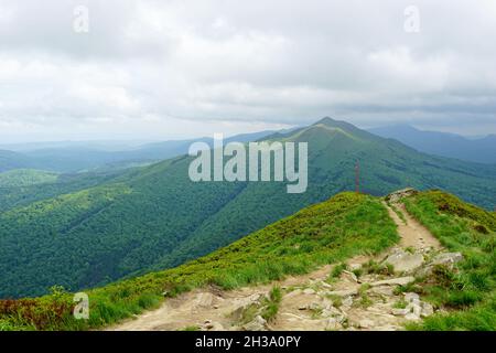 Sentier de randonnée à Polonina Wetlinska dans les montagnes de Bieszczady, Pologne Banque D'Images