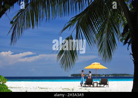 ARCHIPEL DE MALDIVE, ATOLL DE DHAALU, ARRIVANT SUR L'ÎLE CASTEWAY (NAUFRAGE) ÎLE PRIVÉE AVEC UN SEUL HÉBERGEMENT DE LUXE (GÉRÉ PAR Banque D'Images