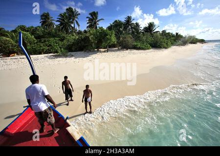 ARCHIPEL DE MALDIVE, ATOLL DE DHAALU, ARRIVANT SUR L'ÎLE CASTEWAY (NAUFRAGE) ÎLE PRIVÉE AVEC UN SEUL HÉBERGEMENT DE LUXE (GÉRÉ PAR Banque D'Images