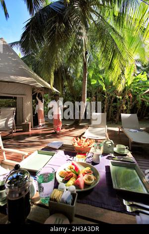 ARCHIPEL DE MALDIVE, ATOLL DE DHAALU, ARRIVANT SUR L'ÎLE CASTEWAY (NAUFRAGE) ÎLE PRIVÉE AVEC UN SEUL HÉBERGEMENT DE LUXE (GÉRÉ PAR Banque D'Images