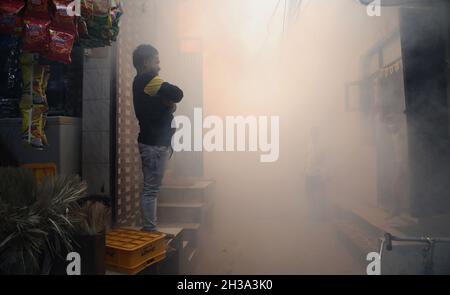 New Delhi, Inde.27 octobre 2021.Un homme est vu au milieu du brouillard de fumigation pendant la campagne de embuage contre la dengue à Shalimar Bagh.À Delhi, 1,006 cas de dengue sont signalés, ainsi que 154 cas de paludisme et 73 cas de chikungunya, selon les données publiées par South Delhi Municipal Corporation.Crédit : SOPA Images Limited/Alamy Live News Banque D'Images