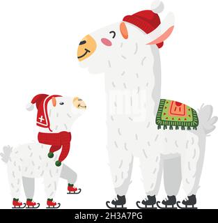 Alpacas de patin à glace.Mignon dessin animé lama enfant avec parent Illustration de Vecteur