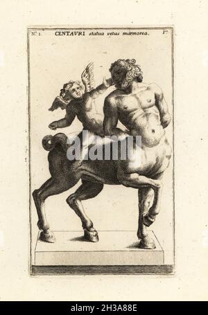 Statue en marbre d'un Centaur et d'un Cupid, maintenant au Louvre.Copie romaine d'une statue grecque par un sculpteur d'Aphrodisias, 1er ou 2ème siècle après J.-C.Centauri statua vetus marmorea.Gravure de coperplate par Giovanni Battista Cannetti à partir de coperplates des plus belles statues anciennes de Rome, Calcografia di piu belle statue antiche a Roma, gravée par Cannetti all'Arco della Ciambella, publié par Gaetano Quojani, Rome, 1779. Banque D'Images