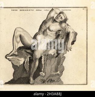 Barberini Faun, Fauno Barberini, Sleeping Faun ou Satorr ivre, par un sculpteur hellénistique inconnu de l'école de Pergame.Maintenant dans le Glyptothek à Munich, Allemagne.Fauni Dormientis statua vetus marmorea.Gravure de coperplate par Giovanni Battista Cannetti à partir de coperplates des plus belles statues anciennes de Rome, Calcografia di piu belle statue antiche a Roma, gravée par Cannetti all'Arco della Ciambella, publié par Gaetano Quojani, Rome, 1779. Banque D'Images