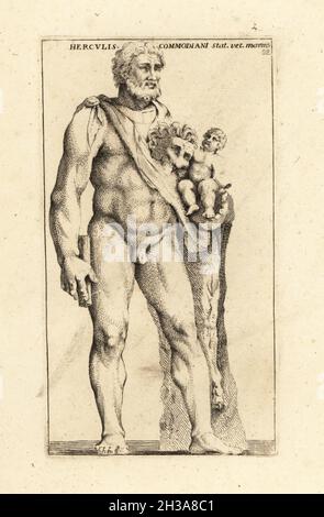 Statue d'Hercules, portant la peau de lion Nemean, avec son enfant Telephos.Copie romaine d'une statue grecque du 4ème siècle av. J.-C.Aussi connu sous le nom de l'empereur Commodus habillé comme Hercules.Trouvé dans Tivoli, maintenant dans le Louvre.Herculis Commodiani statua vetus marmorea.Gravure de coperplate par Giovanni Battista Cannetti à partir de coperplates des plus belles statues anciennes de Rome, Calcografia di piu belle statue antiche a Roma, gravée par Cannetti all'Arco della Ciambella, publié par Gaetano Quojani, Rome, 1779. Banque D'Images