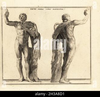 Statue d'un Faun ivre ou d'un Satyr tenant des raisins, portant un nébris (peau de faun), tenant un pedum.Fauno rosso, copie hadrianique en marbre rouge d'un original grec de la Villa Hadrien.Maintenant dans les musées du Capitole.Fauni statua vetus marmorea.Gravure de coperplate par Giovanni Battista Cannetti à partir de coperplates des plus belles statues anciennes de Rome, Calcografia di piu belle statue antiche a Roma, gravée par Cannetti all'Arco della Ciambella, publié par Gaetano Quojani, Rome, 1779. Banque D'Images