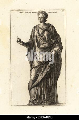 Statue de Flora, déesse romaine des fleurs, de la végétation et de la source.Statue de l'époque hadrianique trouvée à la villa d'Hadrien, maintenant dans les musées du Capitole.Florae statua vetus marmorea.Gravure de coperplate par Giovanni Battista Cannetti à partir de coperplates des plus belles statues anciennes de Rome, Calcografia di piu belle statue antiche a Roma, gravée par Cannetti all'Arco della Ciambella, publié par Gaetano Quojani, Rome, 1779. Banque D'Images