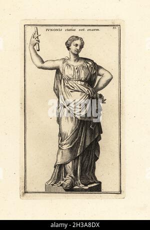 Statue de la déesse romaine Juno, épouse de Jupiter, du 2ème siècle av. J.-C.Maintenant au Vatican.Iunonis statua vetus marmorea.Gravure de coperplate par Giovanni Battista Cannetti à partir de coperplates des plus belles statues anciennes de Rome, Calcografia di piu belle statue antiche a Roma, gravée par Cannetti all'Arco della Ciambella, publié par Gaetano Quojani, Rome, 1779. Banque D'Images