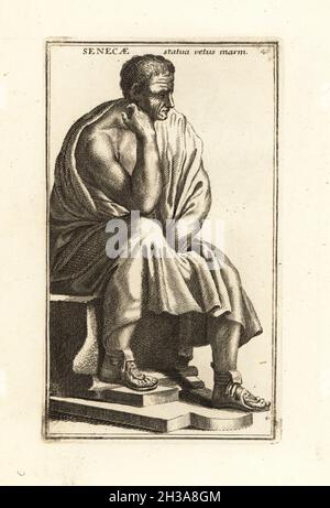 Statue de Seneca, philosophe romain Stoic, assis, du Palazzo Spada à Rome.Peut-être le philosophe grec Aristote ou même un philosophe générique.Senecae statua vetus marmorea.Gravure de coperplate par Giovanni Battista Cannetti à partir de coperplates des plus belles statues anciennes de Rome, Calcografia di piu belle statue antiche a Roma, gravée par Cannetti all'Arco della Ciambella, publié par Gaetano Quojani, Rome, 1779. Banque D'Images