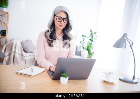 Photo de sérieux calme concentrée vieille femme assis bureau écrire ordinateur portable travail à distance à l'intérieur de la maison maison Banque D'Images