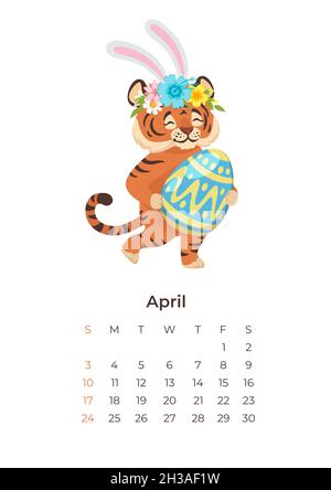 Dessin animé tigre avril 2022 calendrier modèle format A4. Illustration de Vecteur