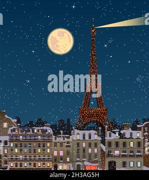 Noël à Paris, la Tour Eiffel en pleine lune.Vecteur. Banque D'Images