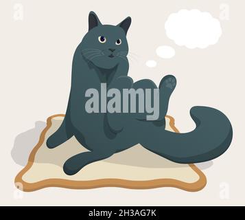 Le chat gras impudent est détendu sur le tapis. Et rêve de nourriture.Des bulles, des nuages pour le texte volent près de la tête du chat gris.Vecteur de dessin animé Illustration de Vecteur