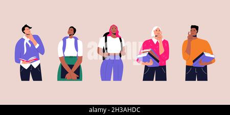 Des personnages réfléchis.Des étudiants de différentes origines ethniques debout dans la pensée pose.Les femmes et les hommes prennent des décisions et résolvent des problèmes, la perplexité Illustration de Vecteur