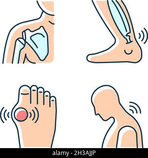 Jeu d'icônes de couleur RVB pour la douleur musculo-squelettique Illustration de Vecteur