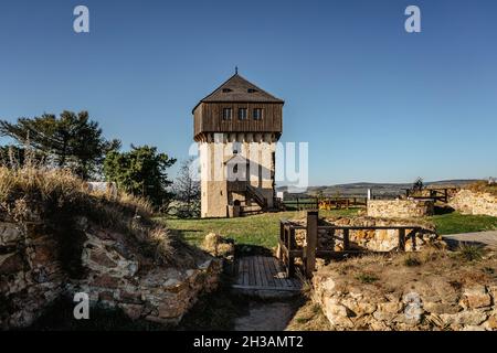 Vue sur les ruines du château de Hartenstejn en Bohême de l'ouest, République tchèque.Château médiéval gothique tardif situé sur une colline importante.vue sur la tour d'observation Banque D'Images