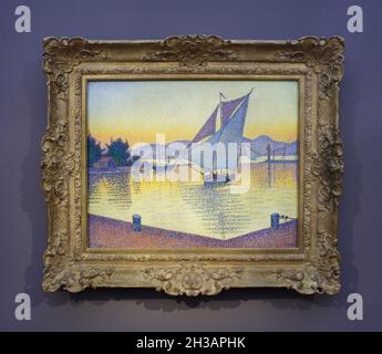 Peinture 'Port au coucher du soleil.Opus 236.Saint-Tropez' par le peintre néo-impressionniste français Paul Signac (1892) exposé au Musée Barberini de Potsdam, Allemagne. Banque D'Images