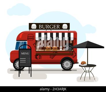 Camion alimentaire de rue avec hamburgers.Illustration vectorielle plate d'une place de restauration rapide sur roues, une fourgonnette avec un menu.Icône de dessin animé élégante Illustration de Vecteur