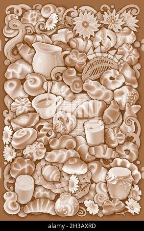 Illustration de la nourriture et des boissons à motif de gribouillages vectoriels dessinés à la main. Illustration de Vecteur