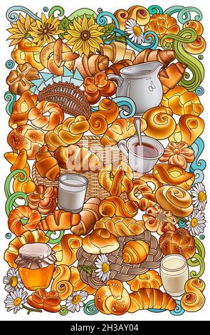 Illustration de la nourriture et des boissons à motif de gribouillages vectoriels dessinés à la main. Illustration de Vecteur