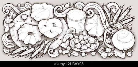 Illustration de la nourriture et des boissons à motif de gribouillages vectoriels dessinés à la main. Illustration de Vecteur