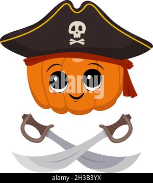 Mignon personnage de citrouille avec des émotions, le visage, les grands yeux et le grand sourire dans le chapeau de capitaine coked et les sabres croisés.Décoration de fête d'Halloween.Héros de légumes espiègle Illustration de Vecteur