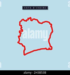 Carte en gras de Côte d'Ivoire ou de Côte d'Ivoire.Bordure rouge brillante avec ombre molle.Plaque d'identification du pays. Illustration. Banque D'Images