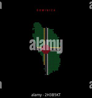 Carte à motif points carrés de la Dominique.Carte de pixels en pointillés avec couleurs de drapeau national isolées sur fond noir. Illustration. Banque D'Images