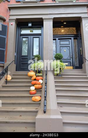 Boston, Massachusetts, États-Unis.Une paire d'entrées aux maisons de ville en grès brun le long de Beacon Street à l'heure d'Halloween. Banque D'Images