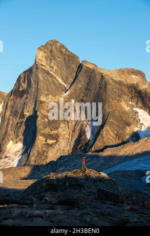 Randonneur mâle à Selkirks regardant le pic rocheux en plein soleil le soir Banque D'Images