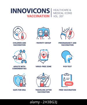 Vaccination - jeu d'icônes de style moderne.Une compilation soignée de plusieurs images rouges et bleues.Comorbidités, groupe prioritaire, virus, risque, hépatite Illustration de Vecteur