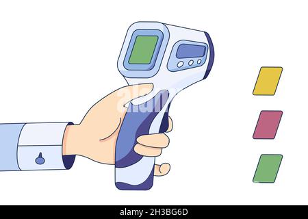 Le médecin tient le thermomètre infrarouge à portée de main, contrôle de la température du corps dans un style plat isolé sur un fond blanc Illustration de Vecteur