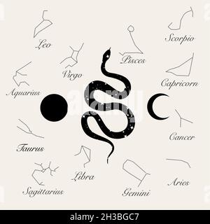 Imprimé art abstrait moderne avec serpent et étoiles, Lune, nom des constellations.Style boho.Scène cosmique minimaliste.Éléments isolés sur blanc Illustration de Vecteur