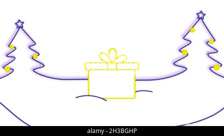 Résumé croquis coloré de la boîte avec cadeaux du nouvel an et arbres de Noël sur fond blanc, concept de vacances d'hiver.Animation de stock.Cadres de Banque D'Images