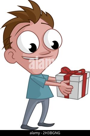 Happy Man tenant présent boîte cadeau dessin animé Illustration de Vecteur