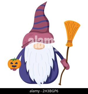 Petit gnome pour halloween dans un style plat, le personnage nain whit balai et potiron dans les mains, isolé sur un fond blanc. Illustration de Vecteur