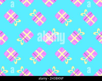 Motif sans couture avec boîtes-cadeaux roses et ruban jaune sur fond bleu.Design festif pour carte de vœux, papier d'emballage, bannières et promotion Illustration de Vecteur