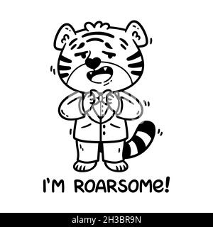 Tigre en smoking avec noeud papillon.Lettrage manuscrit je suis roarsome.Animal de zodiaque chinois.Symbole de la nouvelle année 2022, 2034.Illustration vectorielle isola Illustration de Vecteur