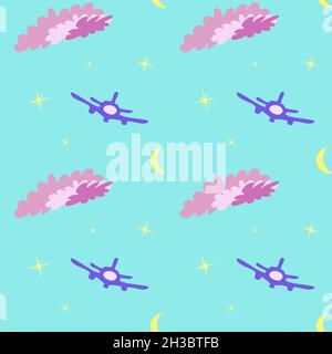 Motif sans couture avec lune, étoiles, avion et nuages.Arrière-plan Aqua. Illustration de Vecteur
