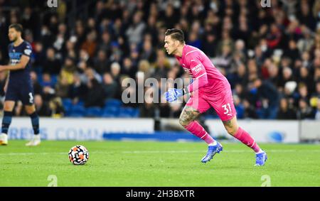 Gardien de but Ederson de Manchester City lors du match Premier League entre Brighton et Hove Albion et Manchester City au stade de la communauté American Express, Brighton (Royaume-Uni) - 23 octobre 2021 - usage éditorial uniquement.Pas de merchandising.Pour les images de football, les restrictions FA et Premier League s'appliquent inc. Aucune utilisation Internet/mobile sans licence FAPL - pour plus de détails, contactez football Dataco Banque D'Images