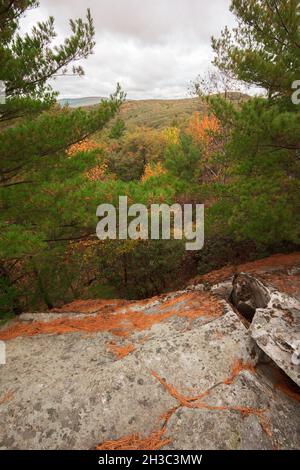 Flanc de coteau rocheux sur la montagne dans le Massachusetts le jour nuageux en automne avec feuillage d'automne pendant la saison d'octobre regardant au-dessus de la vallée Banque D'Images