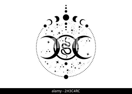 Magic mystic Triple Lune et Snake, phases de la Lune.Géométrie sacrée, symbole de la déesse céleste païenne de la wiccan.Scène cosmique wicca bannière signe, cercle d'énergie Illustration de Vecteur