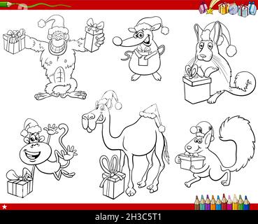 Dessin animé noir et blanc des personnages animaux sur la page de livre de coloriage de l'heure de Noël Illustration de Vecteur