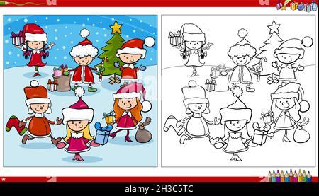 Illustration de dessin animé des enfants en costumes du Père Noël sur la page de livre de coloriage de l'heure de Noël Illustration de Vecteur