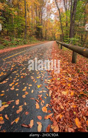 Route sinueuse avec des courbes passant par la forêt en automne avec feuillage d'automne en octobre en Nouvelle-Angleterre Banque D'Images