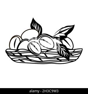 Récolte du café dans un panier élément décoratif noir et blanc pour le logo ou le design des paquets.Grains de café en monochrome dessin à la main, illustration vectorielle Illustration de Vecteur