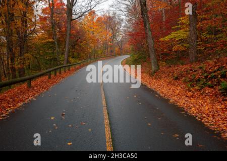 Route sinueuse avec des courbes passant par la forêt en automne avec feuillage d'automne en octobre en Nouvelle-Angleterre Banque D'Images