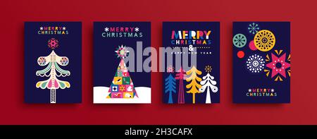 Ensemble d'illustrations pour cartes de vœux de Noël.Sapin d'hiver coloré avec ornements étoiles dans un style d'art populaire moderne.Résumé géométrique scandinave Illustration de Vecteur