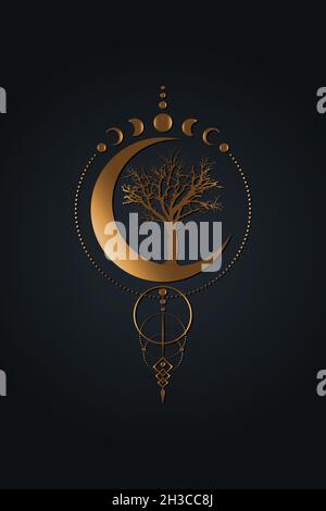 Phases mystiques de la Lune, arbre de vie, géométrie sacrée.Triple lune, demi-lune païen symbole de la déesse Wiccan, vieux signe de bannière Wicca dorée, cercle d'énergie Illustration de Vecteur