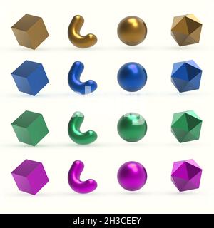 3D réaliste Métal coloré formes géométriques objets. Éléments géométriques réalistes isolés sur fond blanc avec dégradé de couleur métallique. Illustration de Vecteur